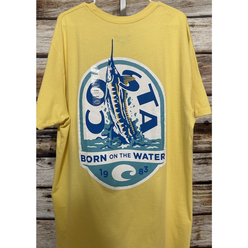 Costa Mens Yellow Graphic T Shirt Size XL New Born On The Water Blue
